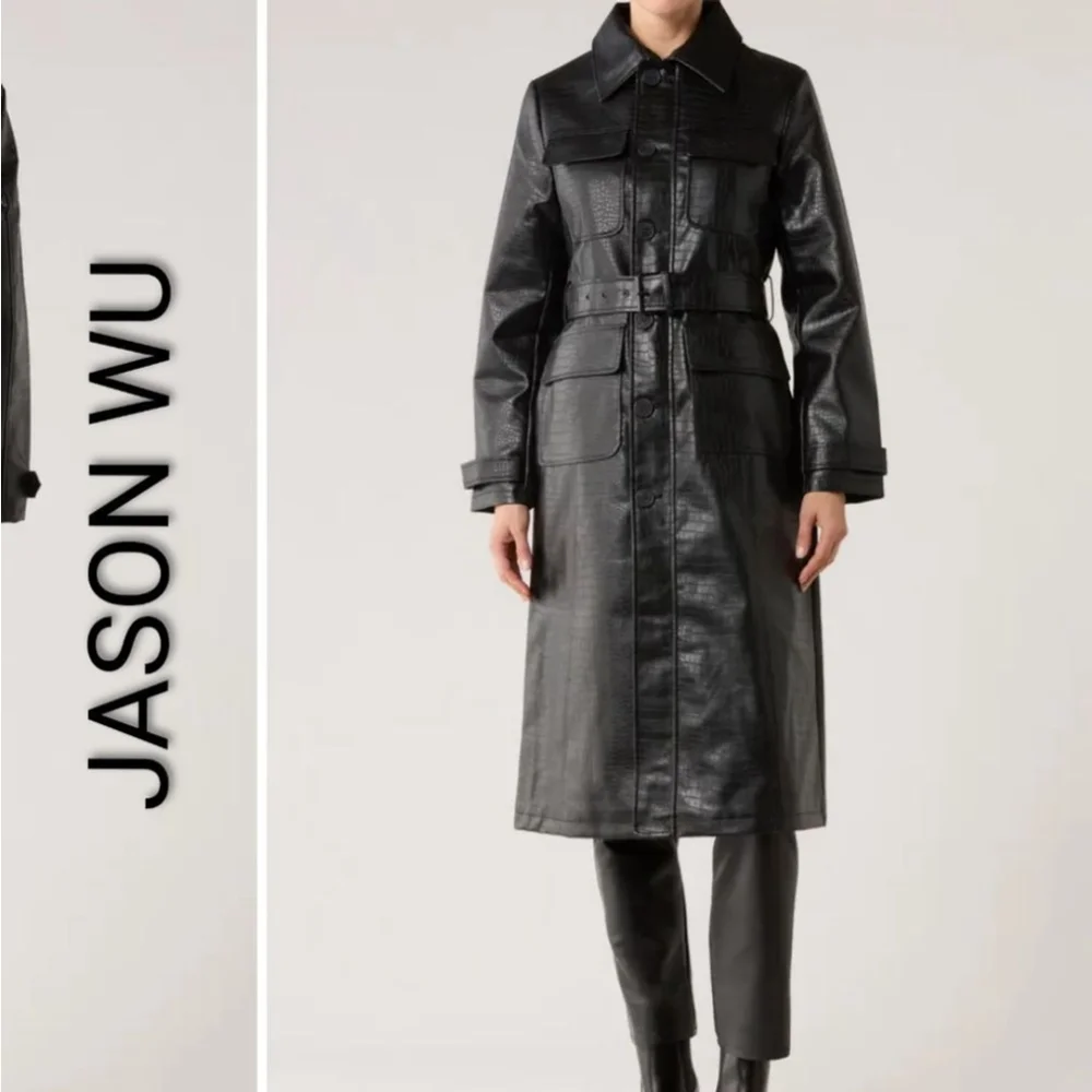 NEW Jason Wu Black Croc Embossed Faux Leather Long Trench Coat M Edgy Jacket
